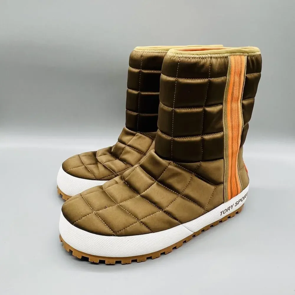 Tory Sport Boots Women 7 Brown Quilted Puffer Mid Calf Pull On Winter Snow Shoes